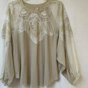 Free People Oversized Beige Lace Trim Blouse Top Womens Large Boho Fairy Cottage